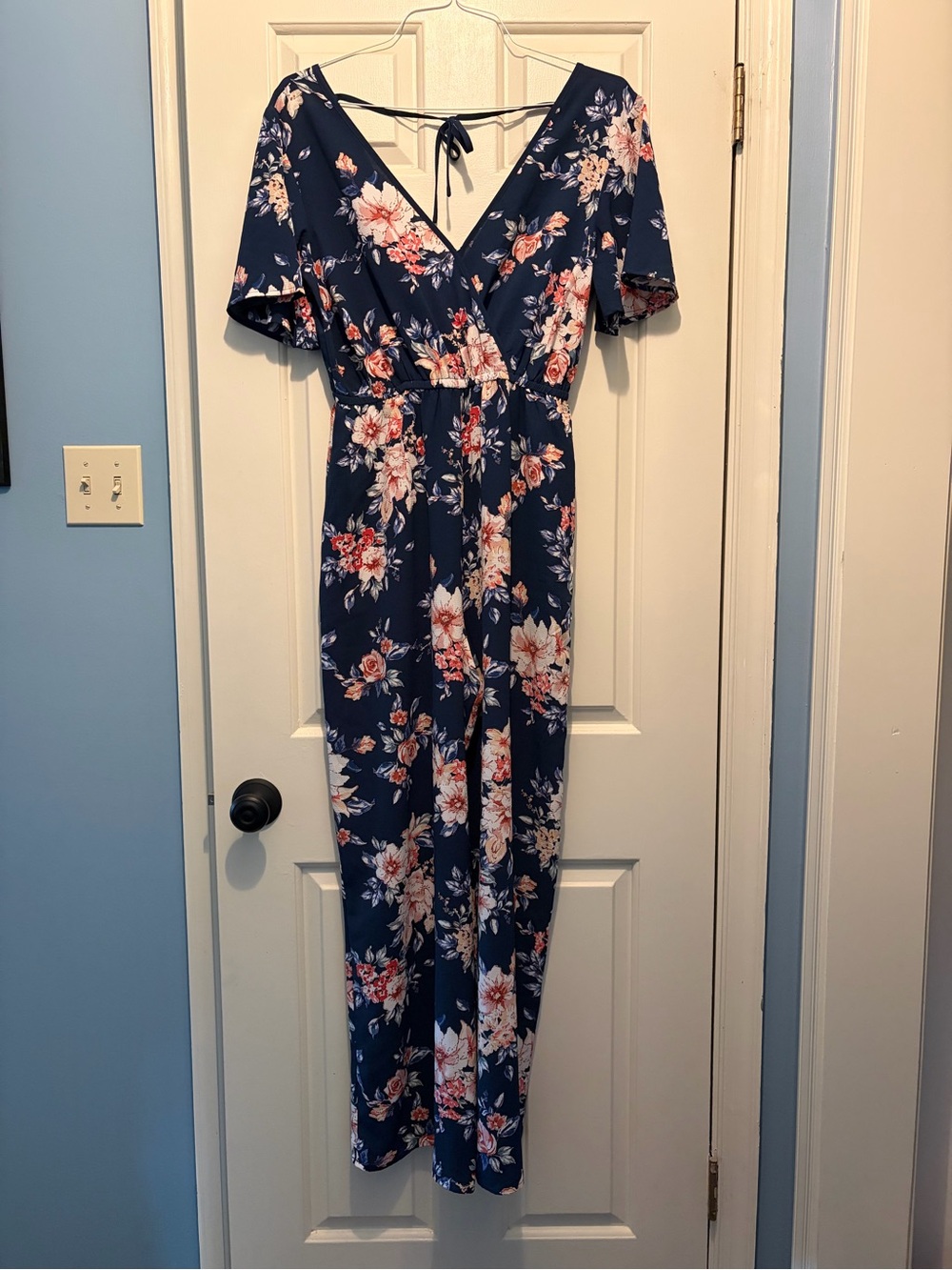 Xhilaration Navy Floral Wrap Romper with Pink Accents